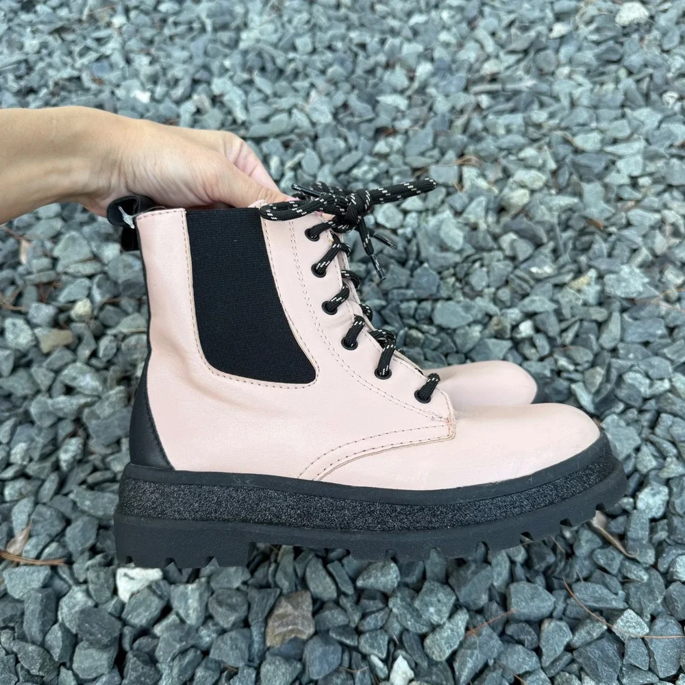 Wonder Nation Girls Pink Combat Boots Glitter Lug Sole Heart Tread Size 2